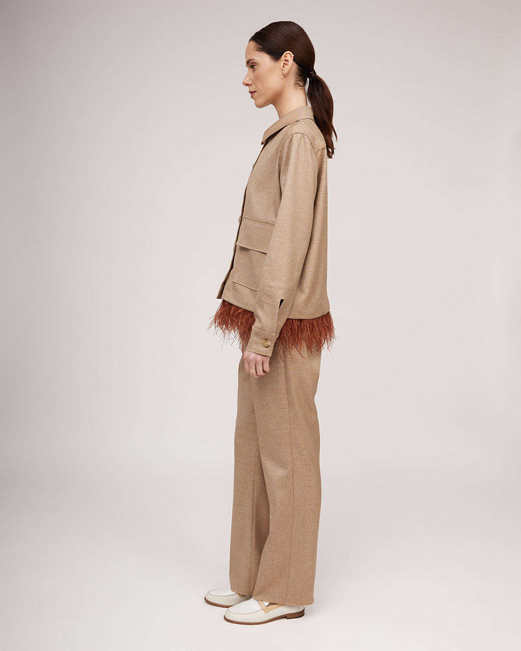 Camel-colored metallic sheen short jacket with ostrich feather detail | BEATRICE Nolo Store