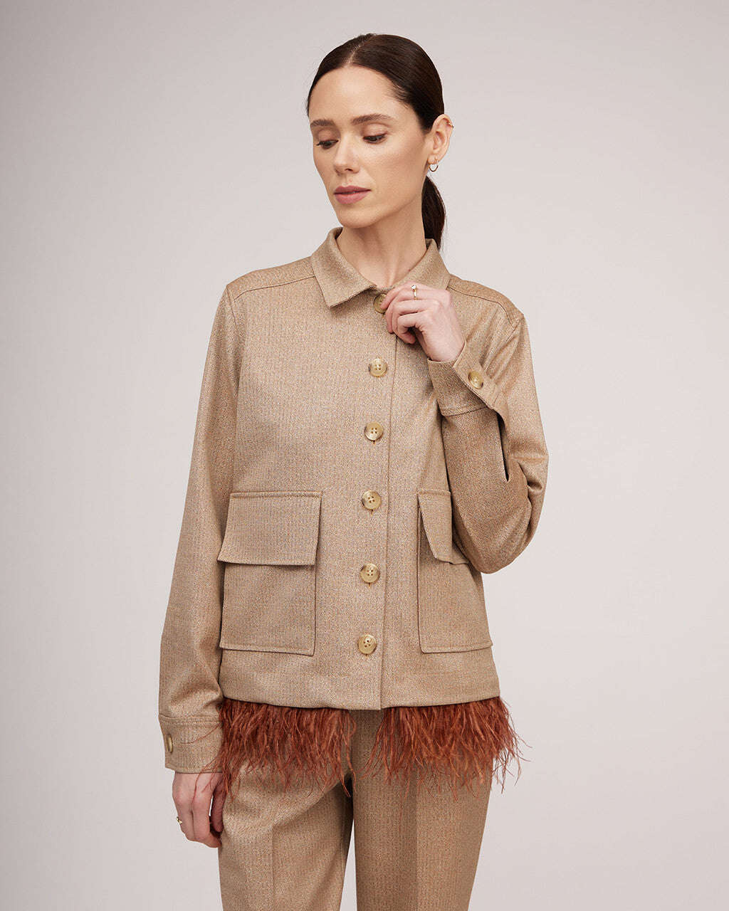 Camel-colored metallic sheen short jacket with ostrich feather detail | BEATRICE Nolo Store
