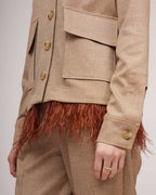 Camel-colored metallic sheen short jacket with ostrich feather detail | BEATRICE Nolo Store