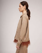 Camel-colored metallic sheen short jacket with ostrich feather detail | BEATRICE Nolo Store