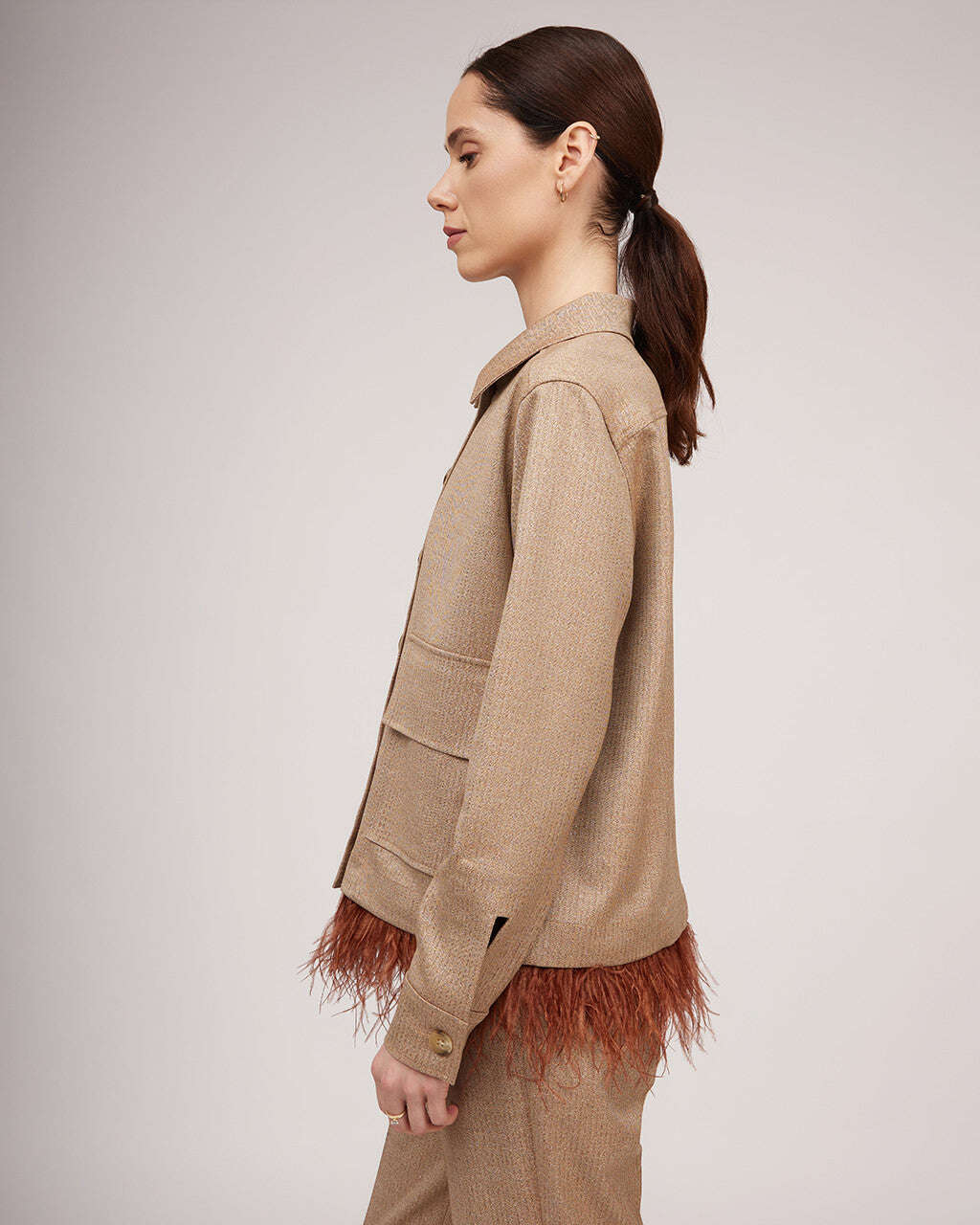 Camel-colored metallic sheen short jacket with ostrich feather detail | BEATRICE Nolo Store
