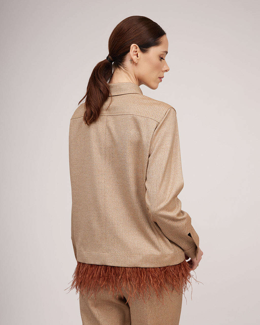 Camel-colored metallic sheen short jacket with ostrich feather detail | BEATRICE Nolo Store