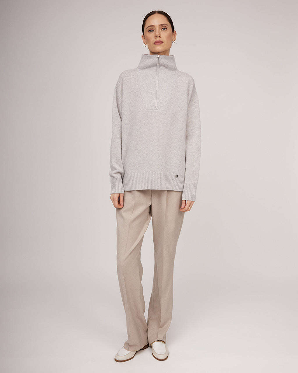 Light grey merino and cashmere wool sweater with a zipper | AOI Nolo Store