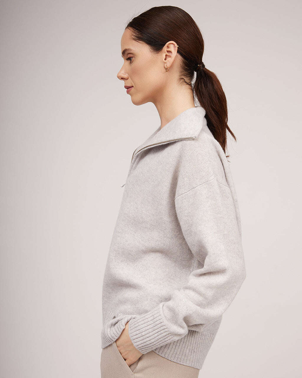 Light grey merino and cashmere wool sweater with a zipper | AOI Nolo Store