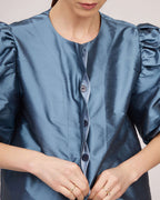 Blue natural silk blouse with puffy sleeves | ELETTRA Nolo Store
