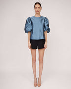 Blue natural silk blouse with puffy sleeves | ELETTRA Nolo Store