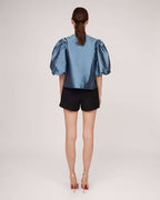 Blue natural silk blouse with puffy sleeves | ELETTRA Nolo Store