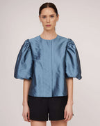 Blue natural silk blouse with puffy sleeves | ELETTRA Nolo Store