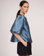 Blue natural silk blouse with puffy sleeves | ELETTRA Nolo Store