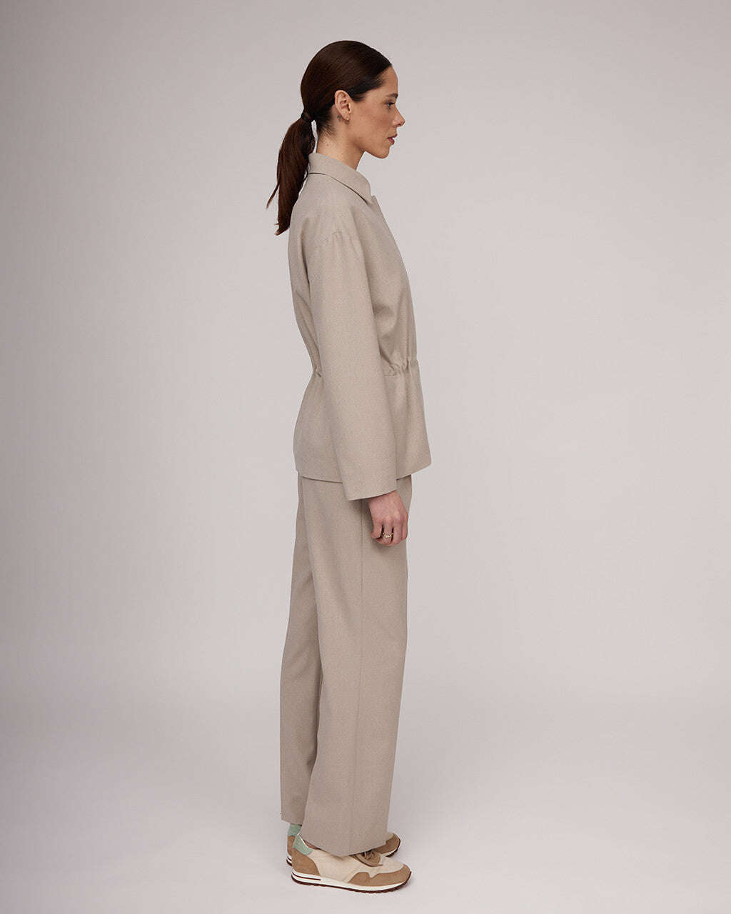 Light beige tweed jacket with a cinched waist | NERINA Nolo Store