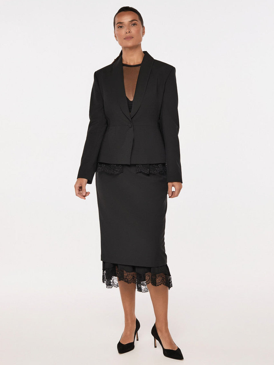Woolen pencil skirt with lace accent | TOSHI
