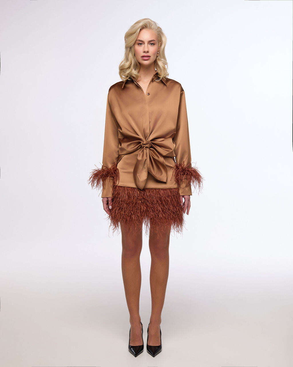 Satin mini skirt with ostrich feather trim | UMEYA Nolo Store