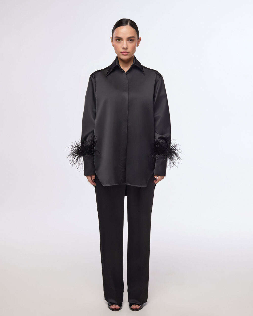 Elegant black satin straight-cut trousers | CHO Nolo Store