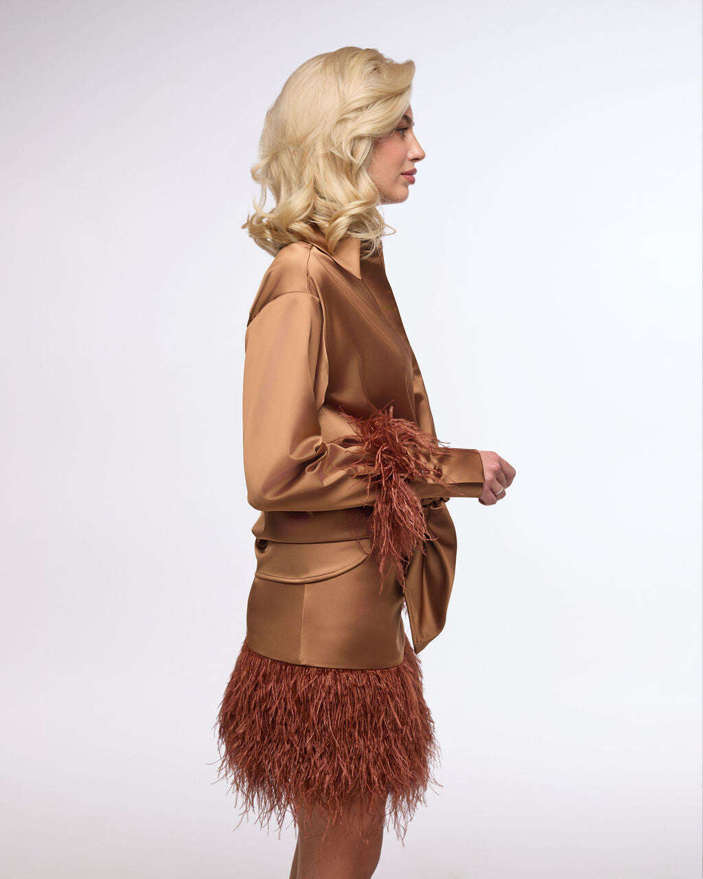 Satin straight cut shirt with ostrich feather trim | AOMY Nolo Store