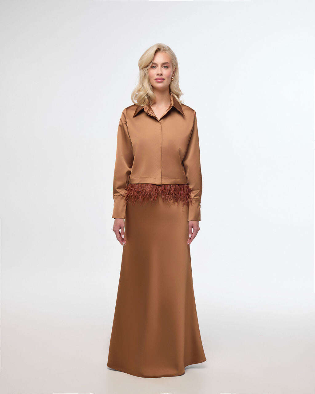 Satin blouse with ostrich feather trim | TERUKO Nolo Store