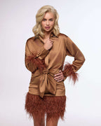 Satin straight cut shirt with ostrich feather trim | AOMY Nolo Store