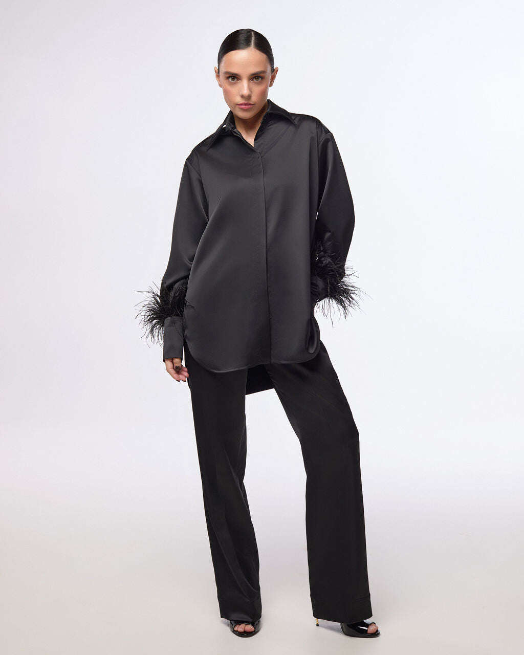 Elegant black satin straight-cut trousers | CHO Nolo Store