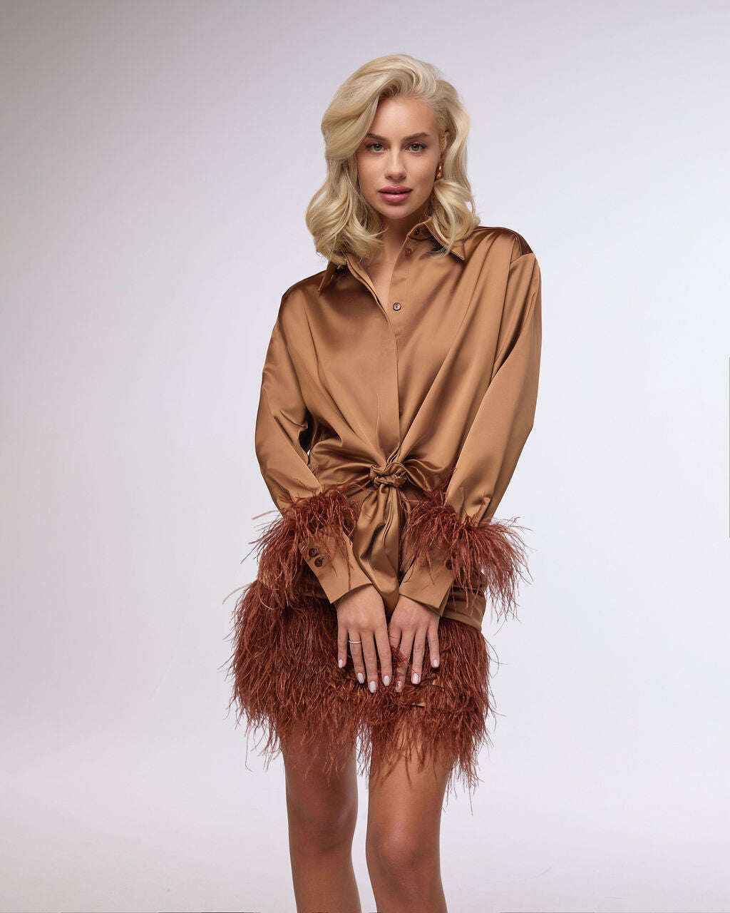 Satin mini skirt with ostrich feather trim | UMEYA Nolo Store