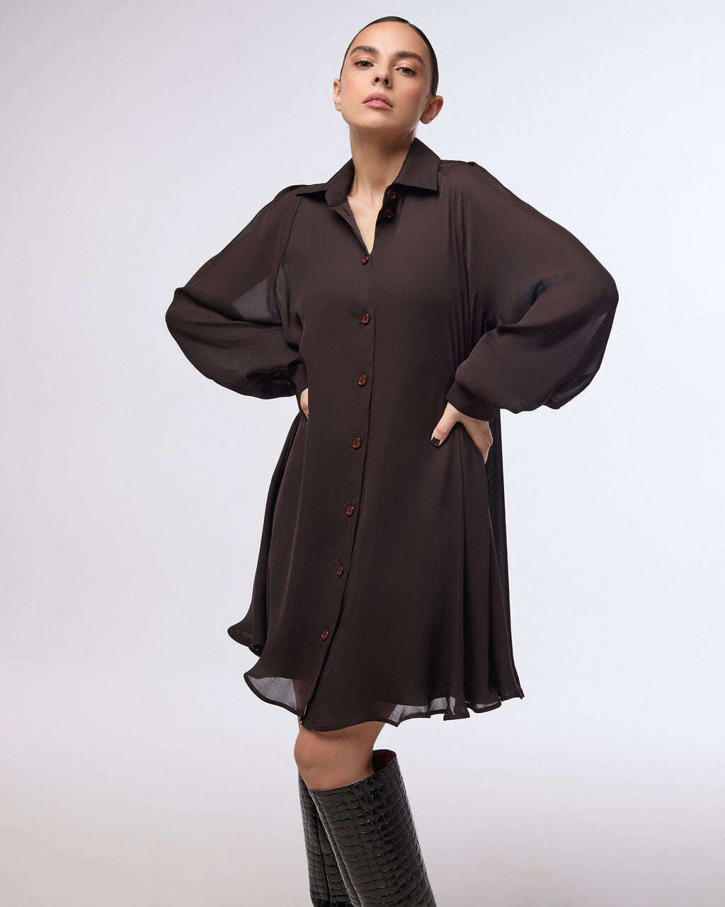 Free falling brown chiffon shirt mini dress | MENA Nolo Store
