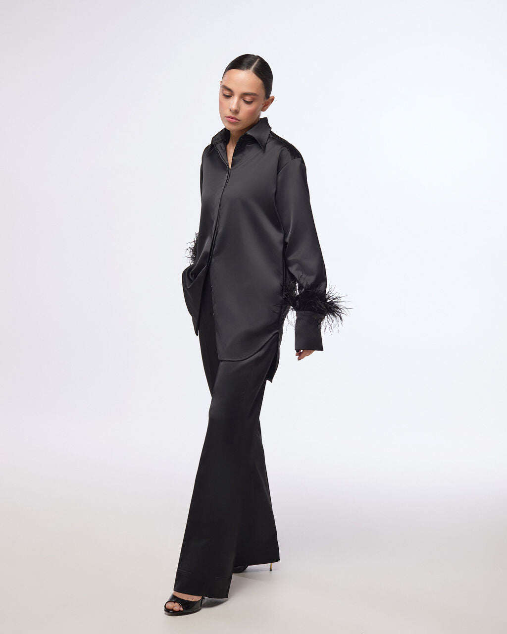 Elegant black satin straight-cut trousers | CHO Nolo Store