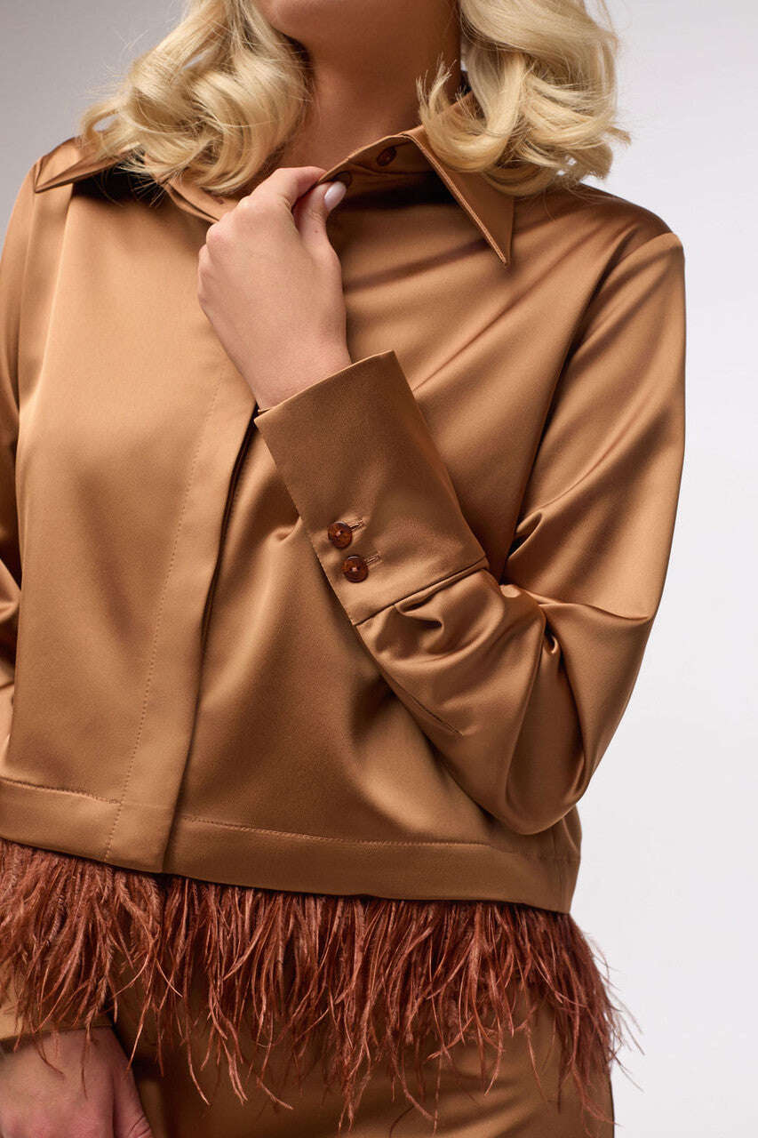 Satin blouse with ostrich feather trim | TERUKO Nolo Store