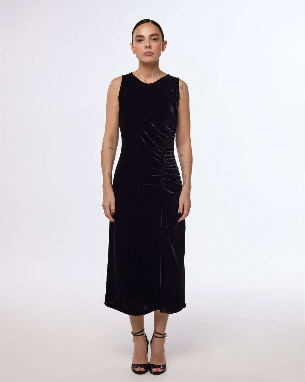 Black, draped silhouette velvet midi dress | AKUR Nolo Store