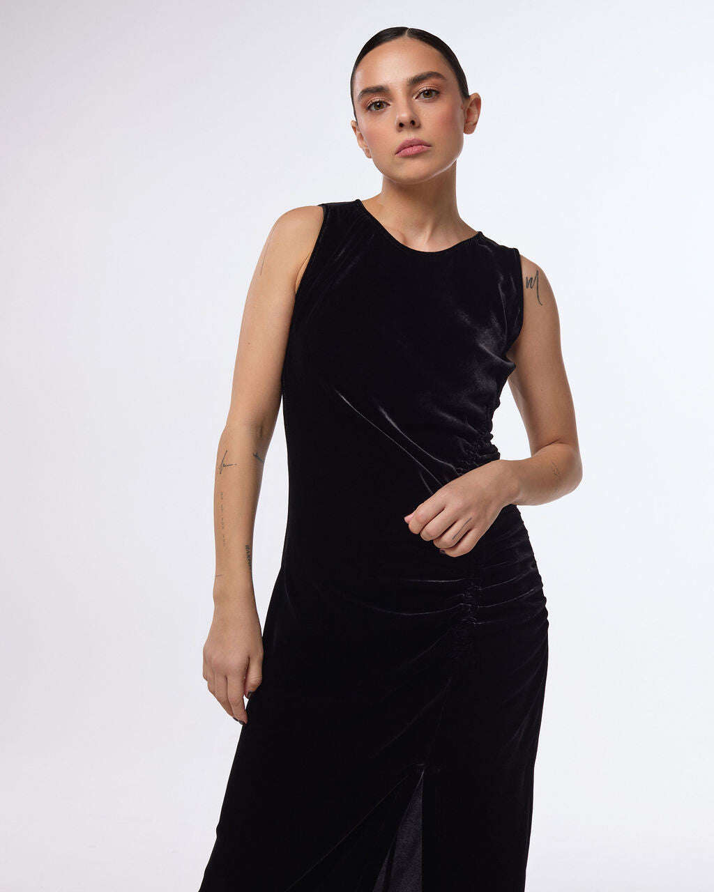 Black, draped silhouette velvet midi dress | AKUR Nolo Store