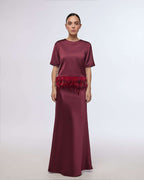 Bordeaux satin party top with feather trim | AKIYA Nolo Store