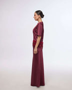 Bordeaux satin party top with feather trim | AKIYA Nolo Store