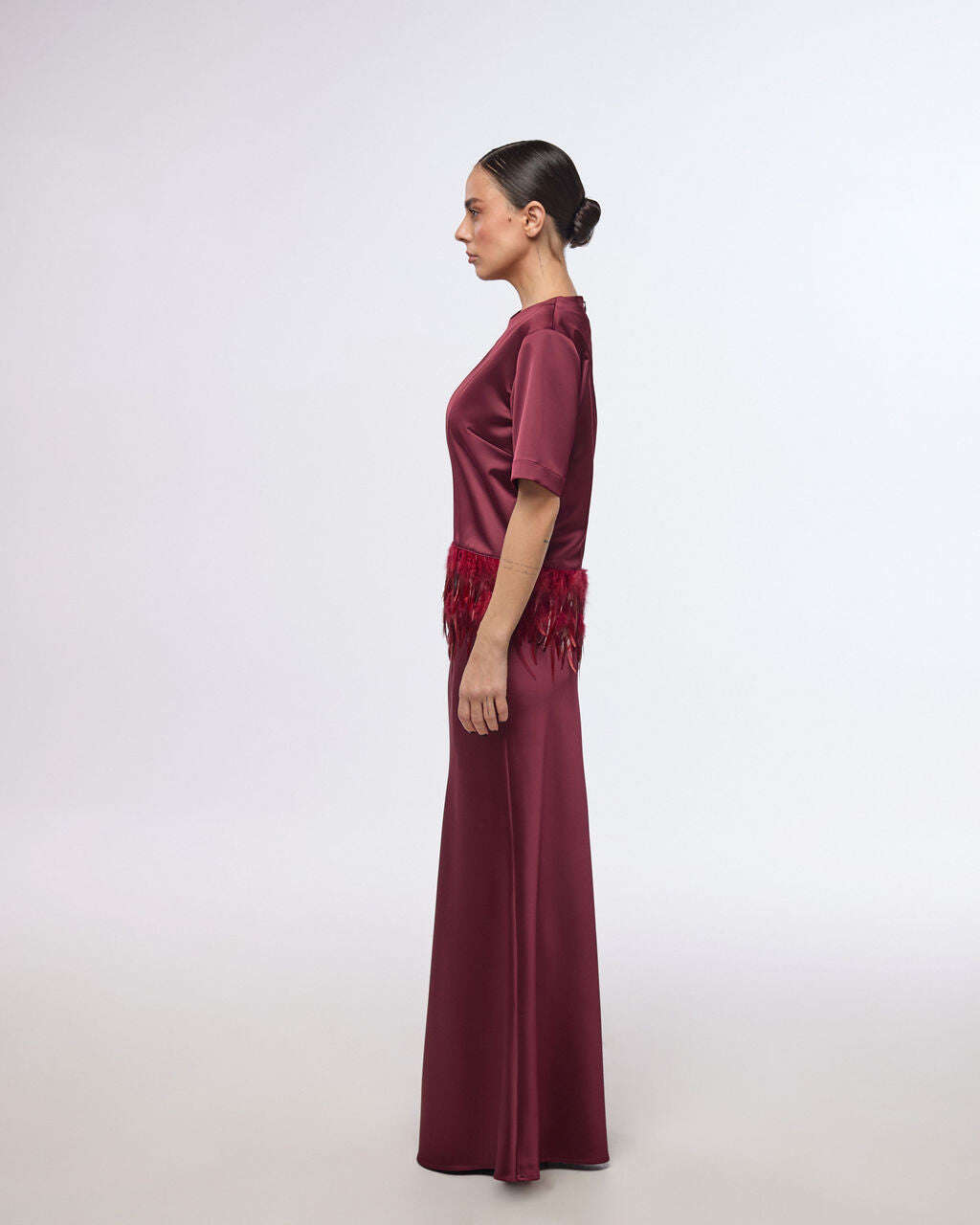 Bordeaux satin party top with feather trim | AKIYA Nolo Store