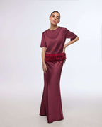 Bordeaux satin party top with feather trim | AKIYA Nolo Store