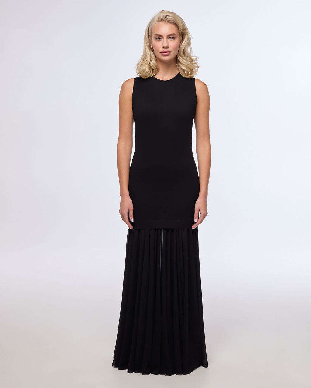 Long black and elegant dense jersey evening dress with chiffon skirt part | KEMEKO Nolo Store