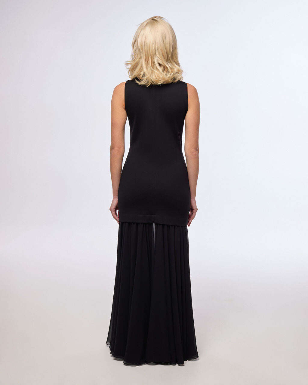 Long black and elegant dense jersey evening dress with chiffon skirt part | KEMEKO Nolo Store