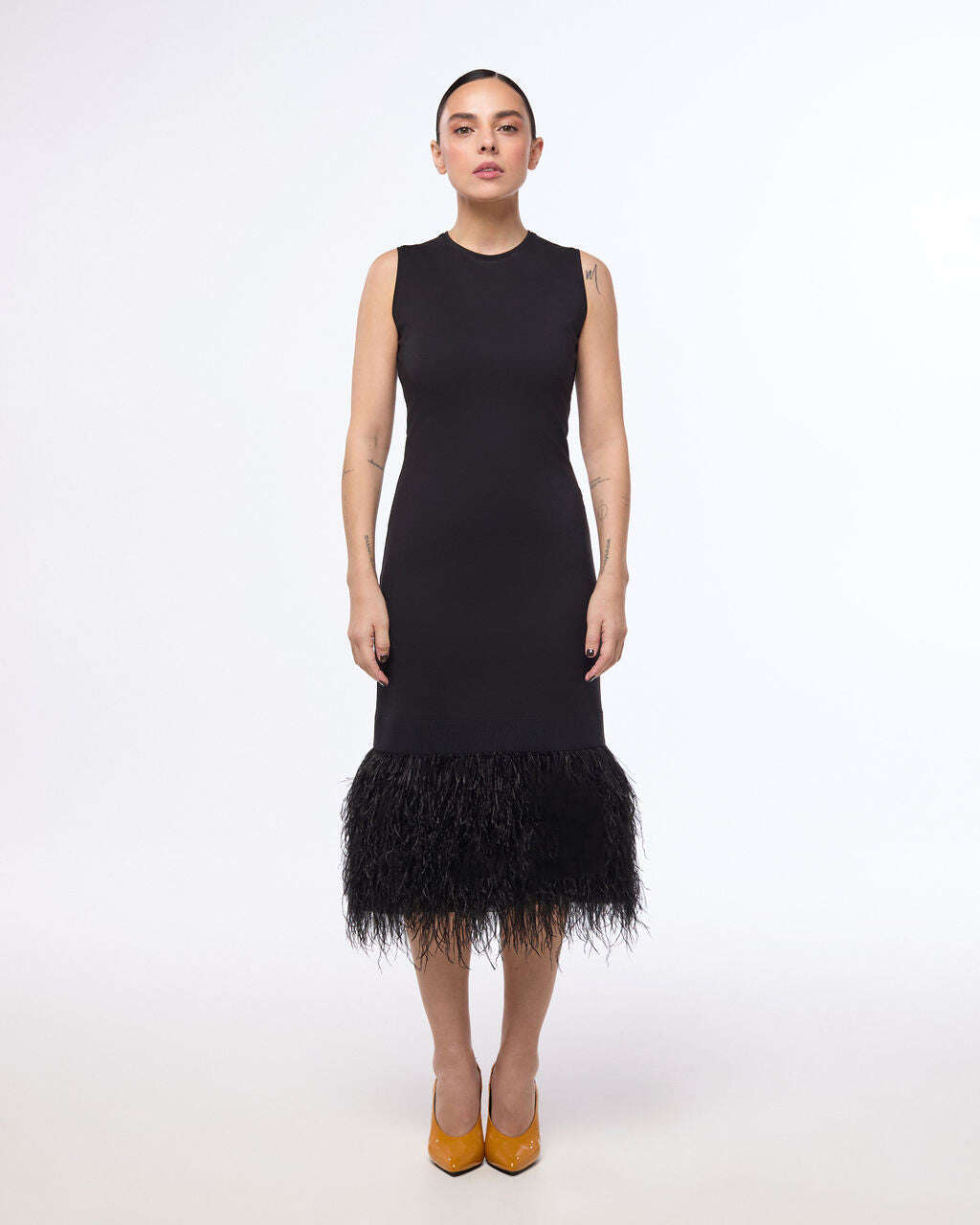 Black midi length dress with ostrich feather detailing | AZEMI Nolo Store