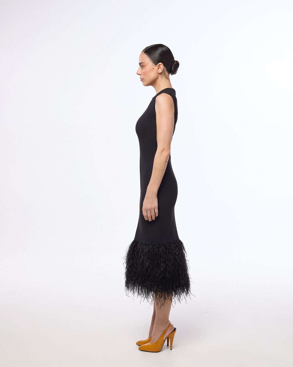Black midi length dress with ostrich feather detailing | AZEMI Nolo Store
