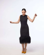 Black midi length dress with ostrich feather detailing | AZEMI Nolo Store