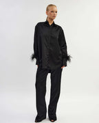 Black satin shirt with feathers| AOMY Nolo Store