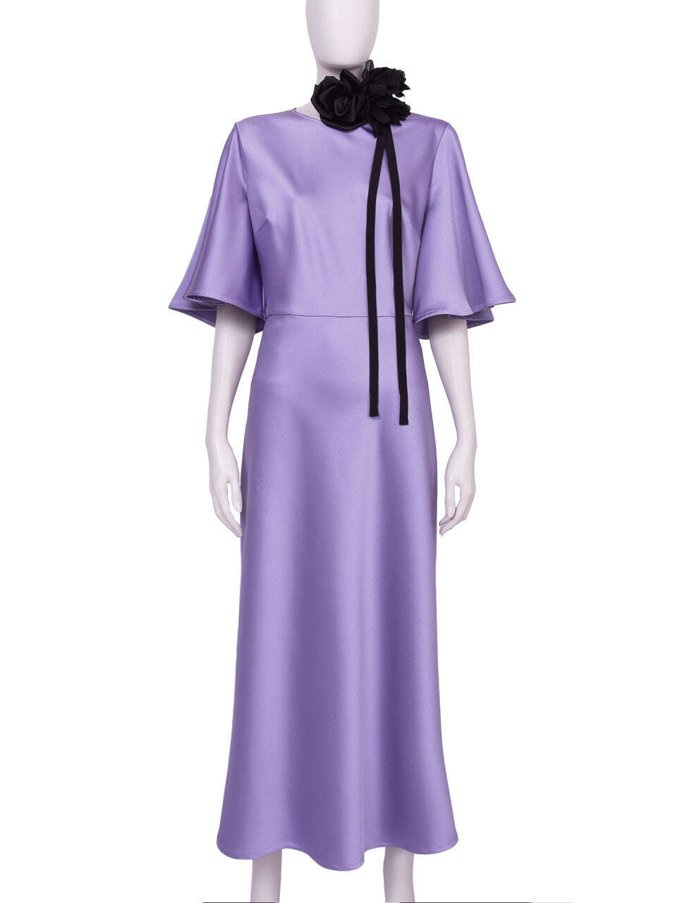 Lavender Polyester Sateen Bell Sleeves Midi Tee Dress | RIKA Nolo Store
